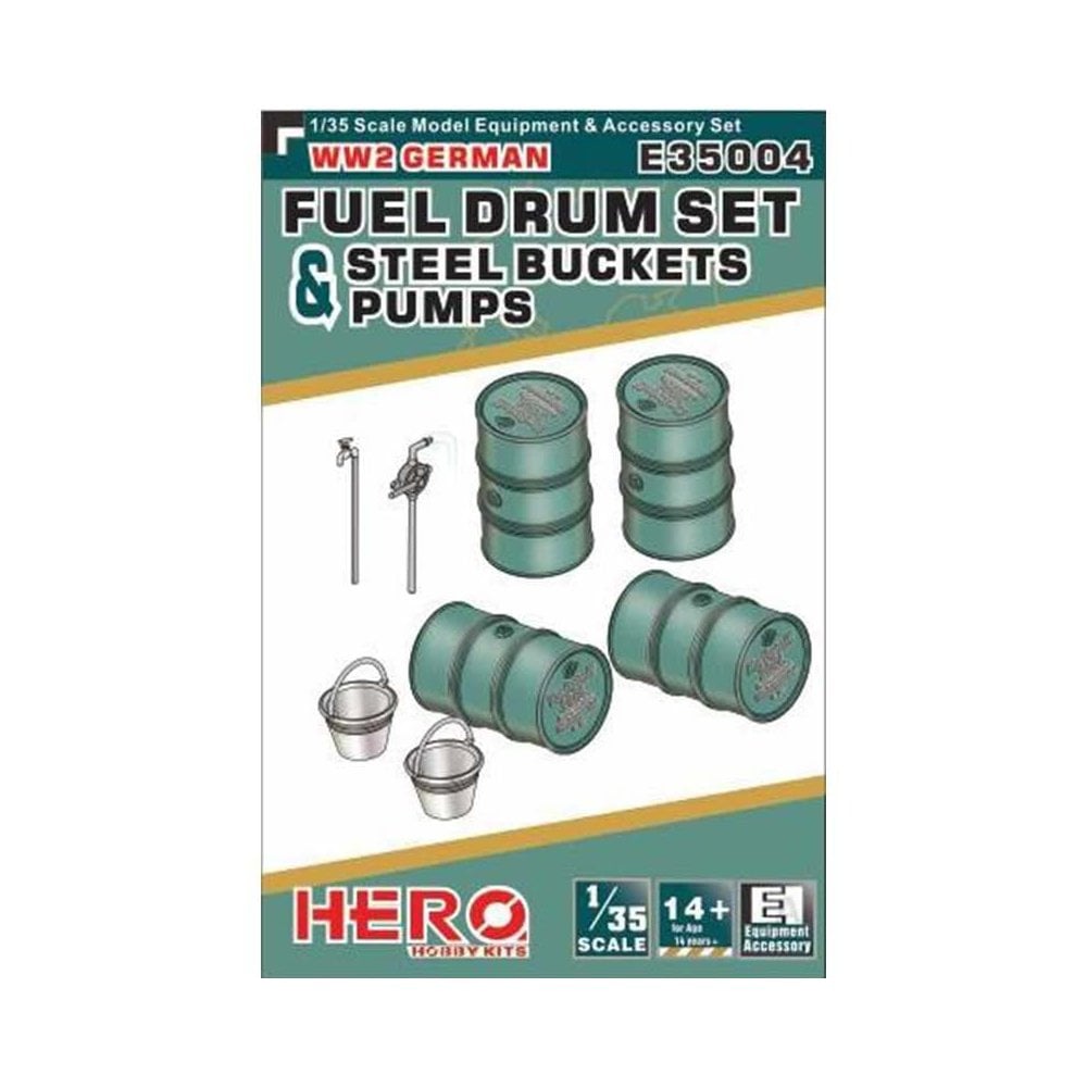 1/35 German Fuel Drum Set, Pump, Pipes and Steels Buckets Hero Hobby Kits E35004 1/35 German Fuel Drum Set, Pump, Pipes and Steels Buckets Hero Hobby Kits E35004