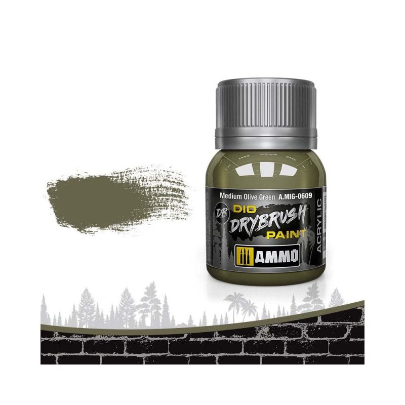 40ml Medium Olive Green Dio Dry Brush Paint Ammo A.MIG-0609