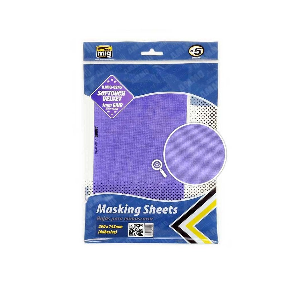 Softouch Velvet Masking Sheets 1mm Grid (x5 sheets, 290mm x 145mm, adhesive) Ammo A.MIG-8245 Softouch Velvet Masking Sheets 1mm Grid (x5 sheets, 290mm x 145mm, adhesive) Ammo A.MIG-8245