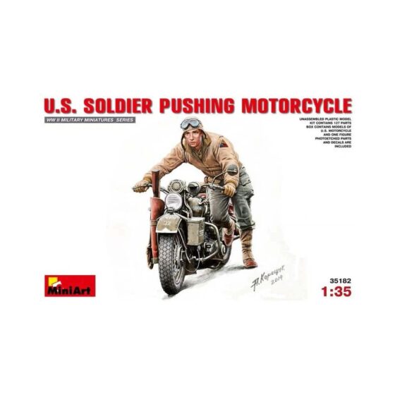 Miniart US Soldier Pushing Motorcycle (1/35) 35182 Miniart US Soldier Pushing Motorcycle (1/35) 35182