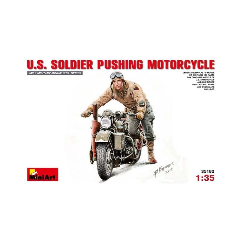 Miniart US Soldier Pushing Motorcycle (1/35) 35182