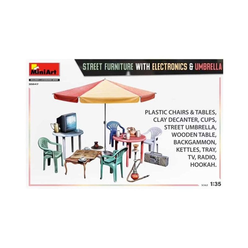 Miniart Street Furniture w/electronics & Umbr (1/35) 35647