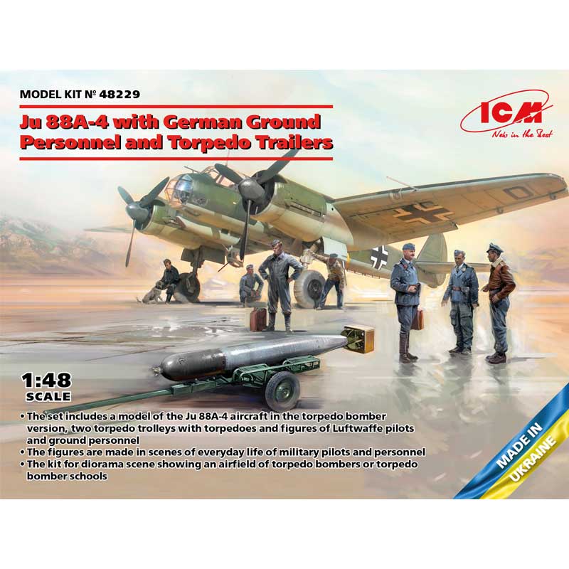 1/48 Junkers Ju-88A-4 with German Ground Personnel and Torpedo Trailers 48229 ICM