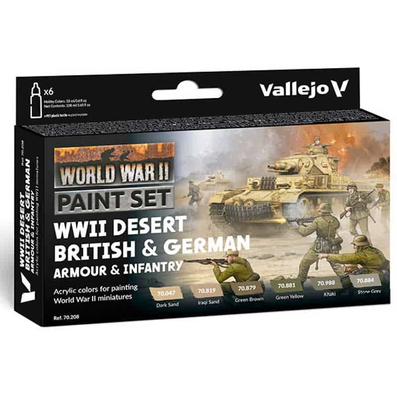 Vallejo WWII Desert British & German Armour & Infantry Model Color Paint Set 70.208