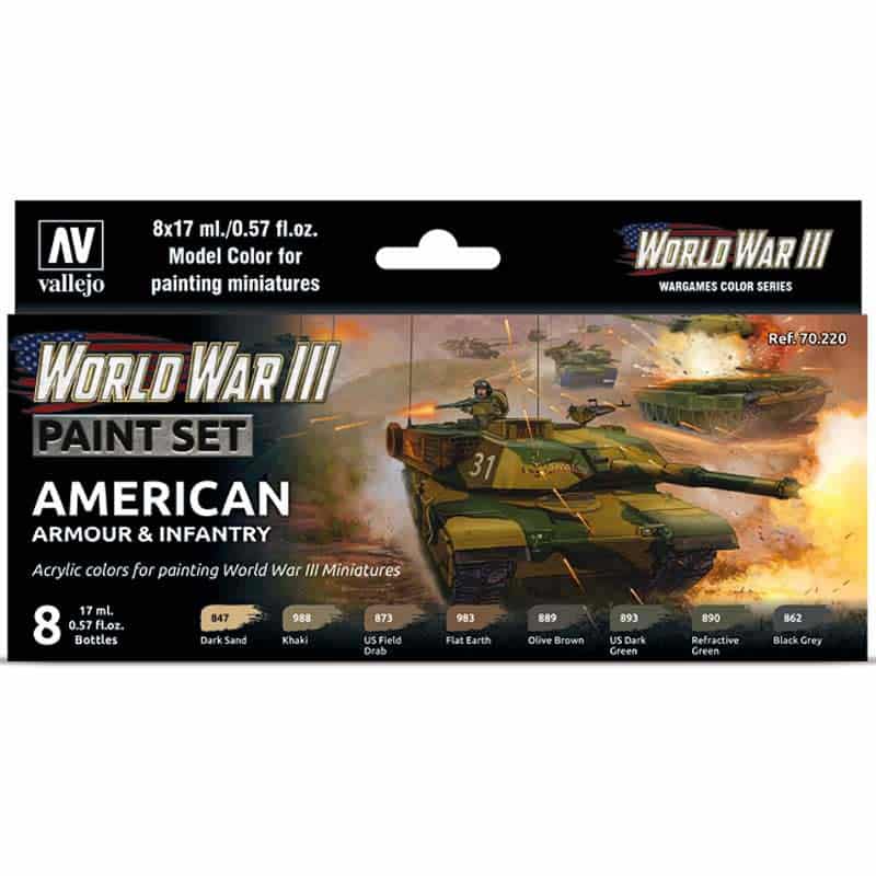 Vallejo WWIII American Armour & Infantry Model Color Paint Set 70.220