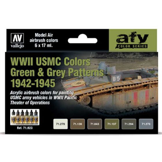 Vallejo Paint Set WWII USMC Colors Green & Grey Patterns 1942-1945 71.623 Vallejo Paint Set WWII USMC Colors Green & Grey Patterns 1942-1945 71.623