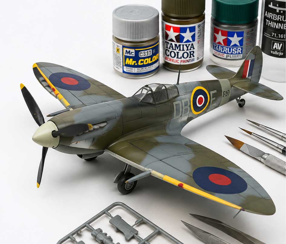 Scale model kits, paints and modelling tools