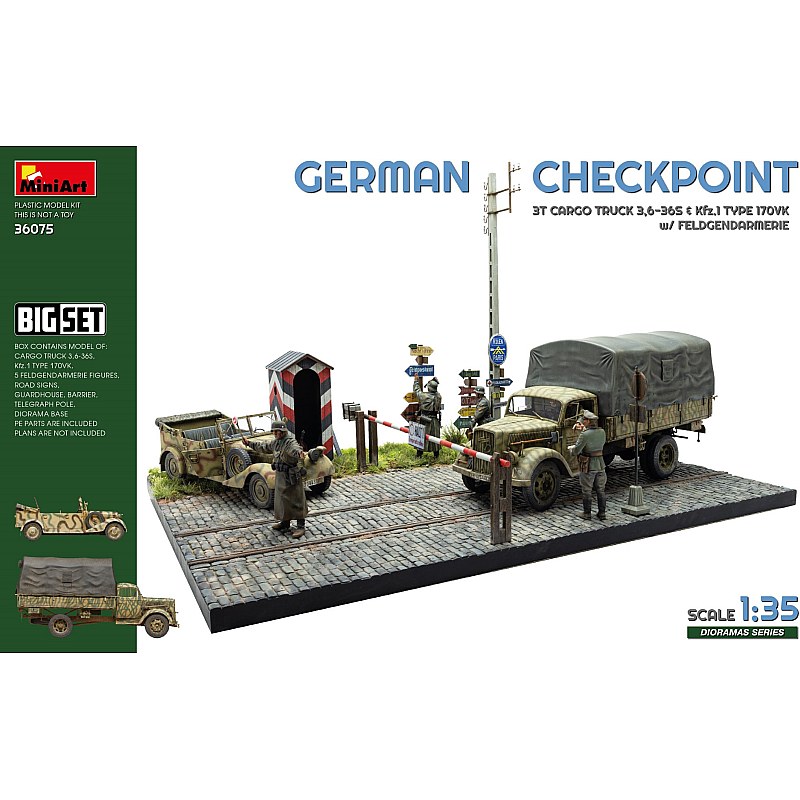 Miniart GERMAN CHECKPOINT. 3T Cargo Truck 3,6-36S & Kfz.1 Type 170VK w/ Feldgendarmerie. BIG SET 1/35 36075